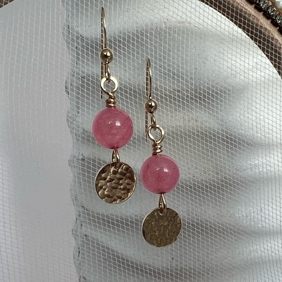 Artisan Gold Dangle Earrings with Pink Jade Beads - Picture 6 of 14